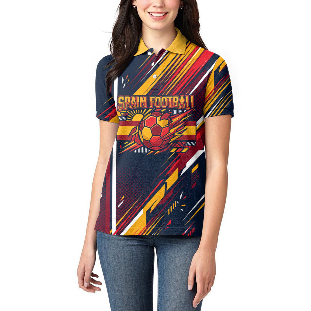 Spain Football Road To Championship Women Polo Shirt Bull Mascot Flying Soccer Ball - Dynamic Speed Stripes