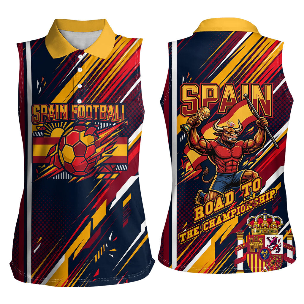 Spain Football Road To Championship Women Sleeveless Polo Shirt Bull Mascot Flying Soccer Ball - Dynamic Speed Stripes