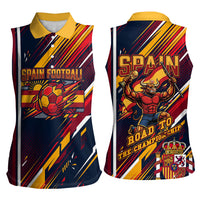 Spain Football Road To Championship Women Sleeveless Polo Shirt Bull Mascot Flying Soccer Ball - Dynamic Speed Stripes