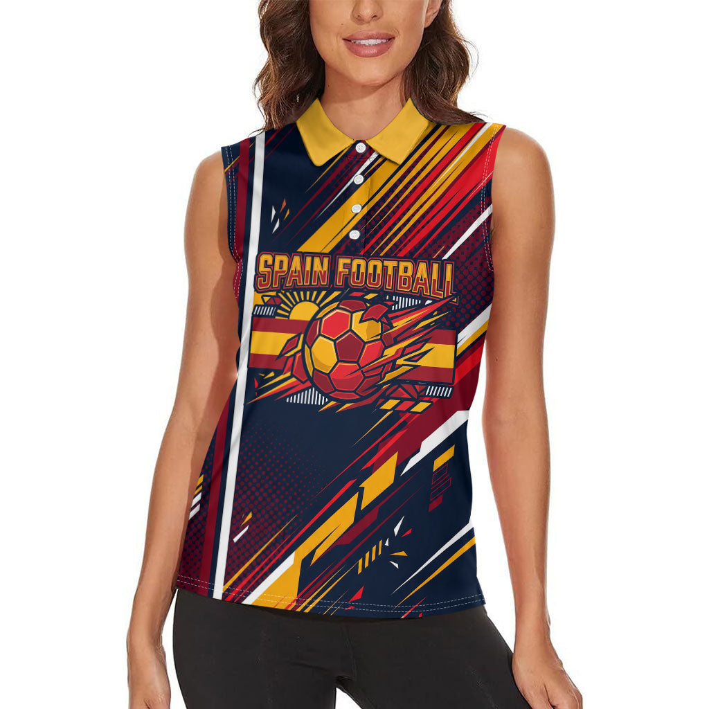 Spain Football Road To Championship Women Sleeveless Polo Shirt Bull Mascot Flying Soccer Ball - Dynamic Speed Stripes