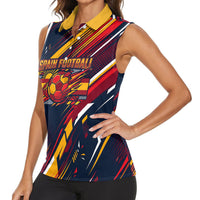 Spain Football Road To Championship Women Sleeveless Polo Shirt Bull Mascot Flying Soccer Ball - Dynamic Speed Stripes