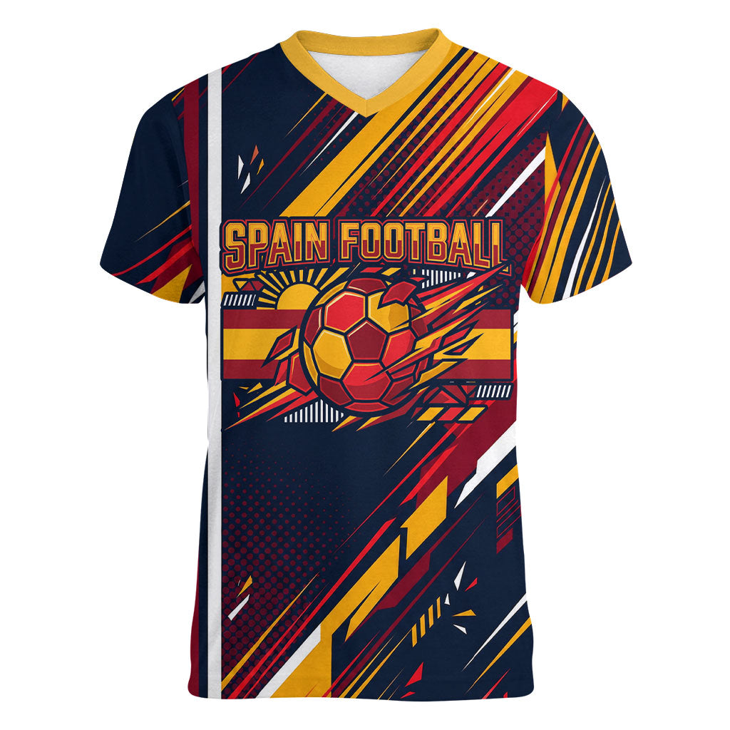 Spain Football Road To Championship Women V-Neck T-Shirt Bull Mascot Flying Soccer Ball - Dynamic Speed Stripes