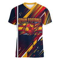 Spain Football Road To Championship Women V-Neck T-Shirt Bull Mascot Flying Soccer Ball - Dynamic Speed Stripes