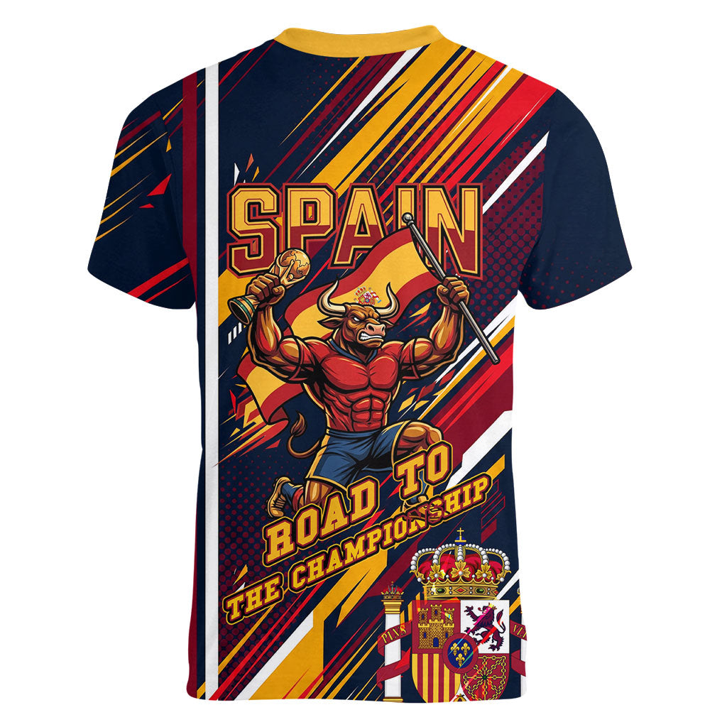 Spain Football Road To Championship Women V-Neck T-Shirt Bull Mascot Flying Soccer Ball - Dynamic Speed Stripes