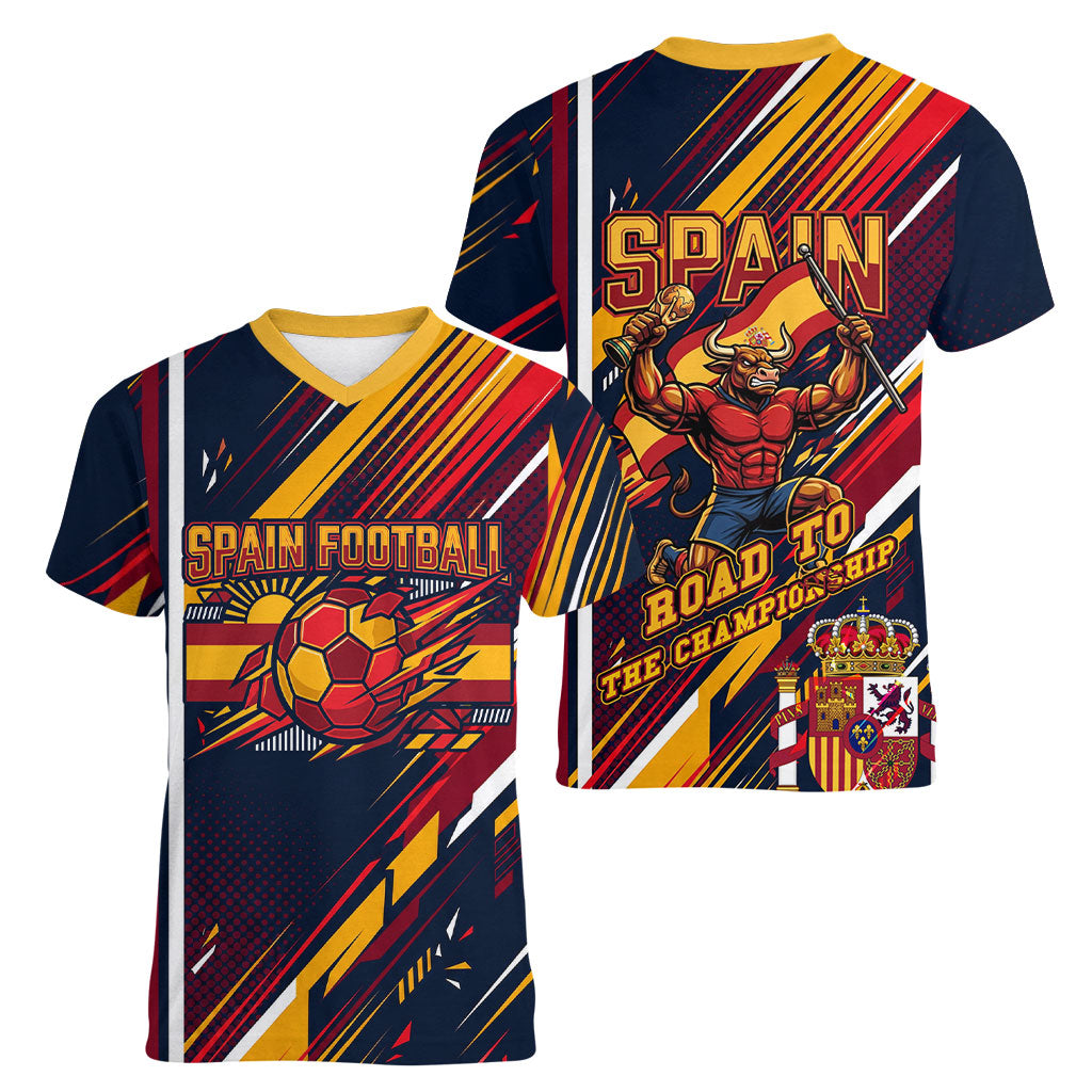 Spain Football Road To Championship Women V-Neck T-Shirt Bull Mascot Flying Soccer Ball - Dynamic Speed Stripes