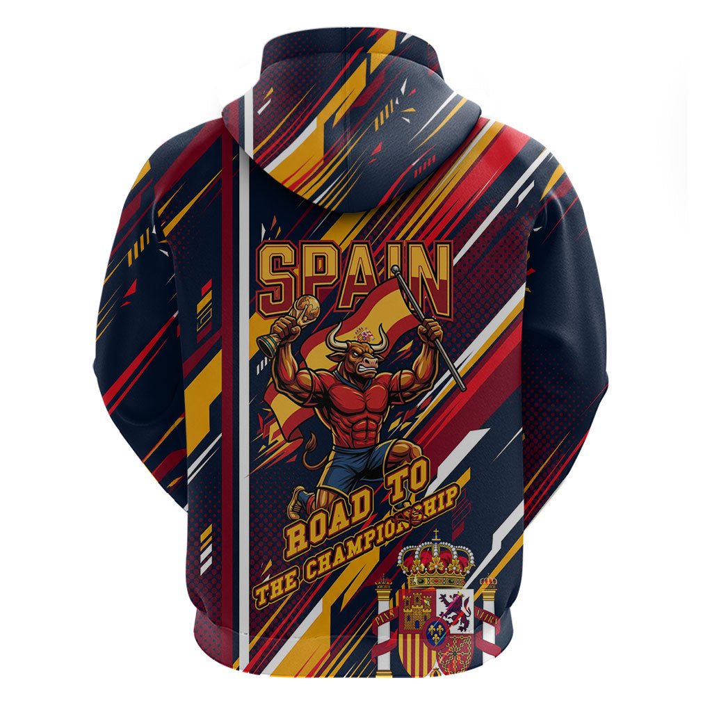 Spain Football Road To Championship Zip Hoodie Bull Mascot Flying Soccer Ball - Dynamic Speed Stripes