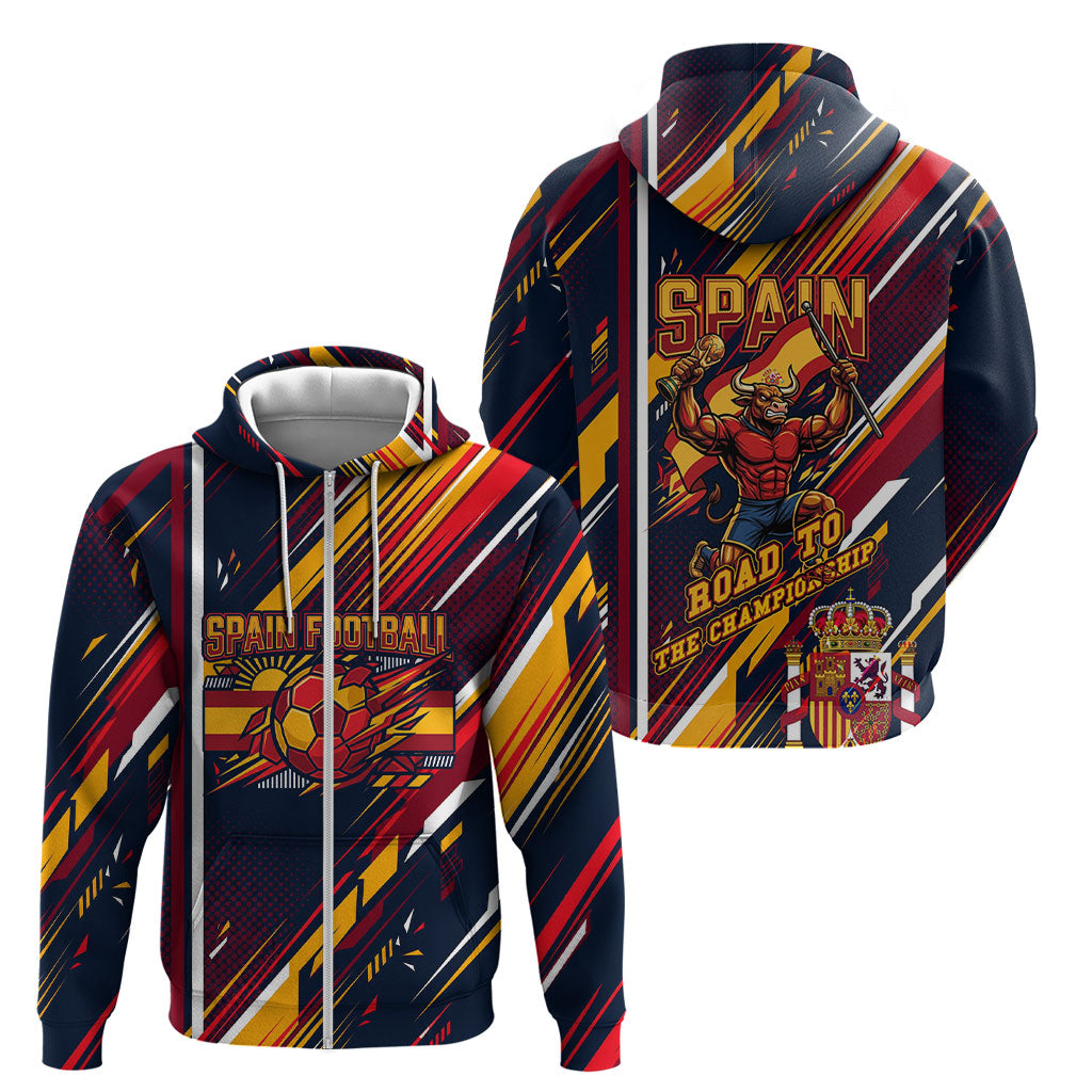 Spain Football Road To Championship Zip Hoodie Bull Mascot Flying Soccer Ball - Dynamic Speed Stripes