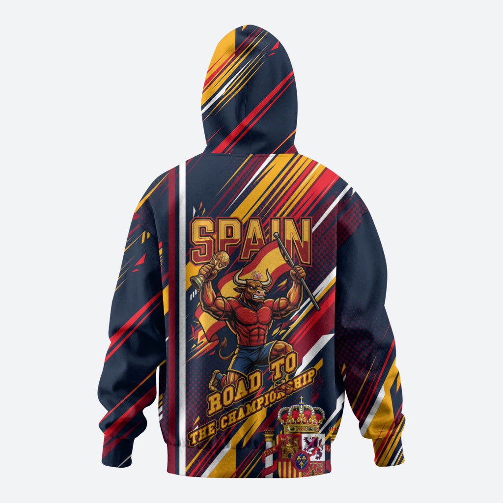 Spain Football Road To Championship Zip Hoodie Bull Mascot Flying Soccer Ball - Dynamic Speed Stripes