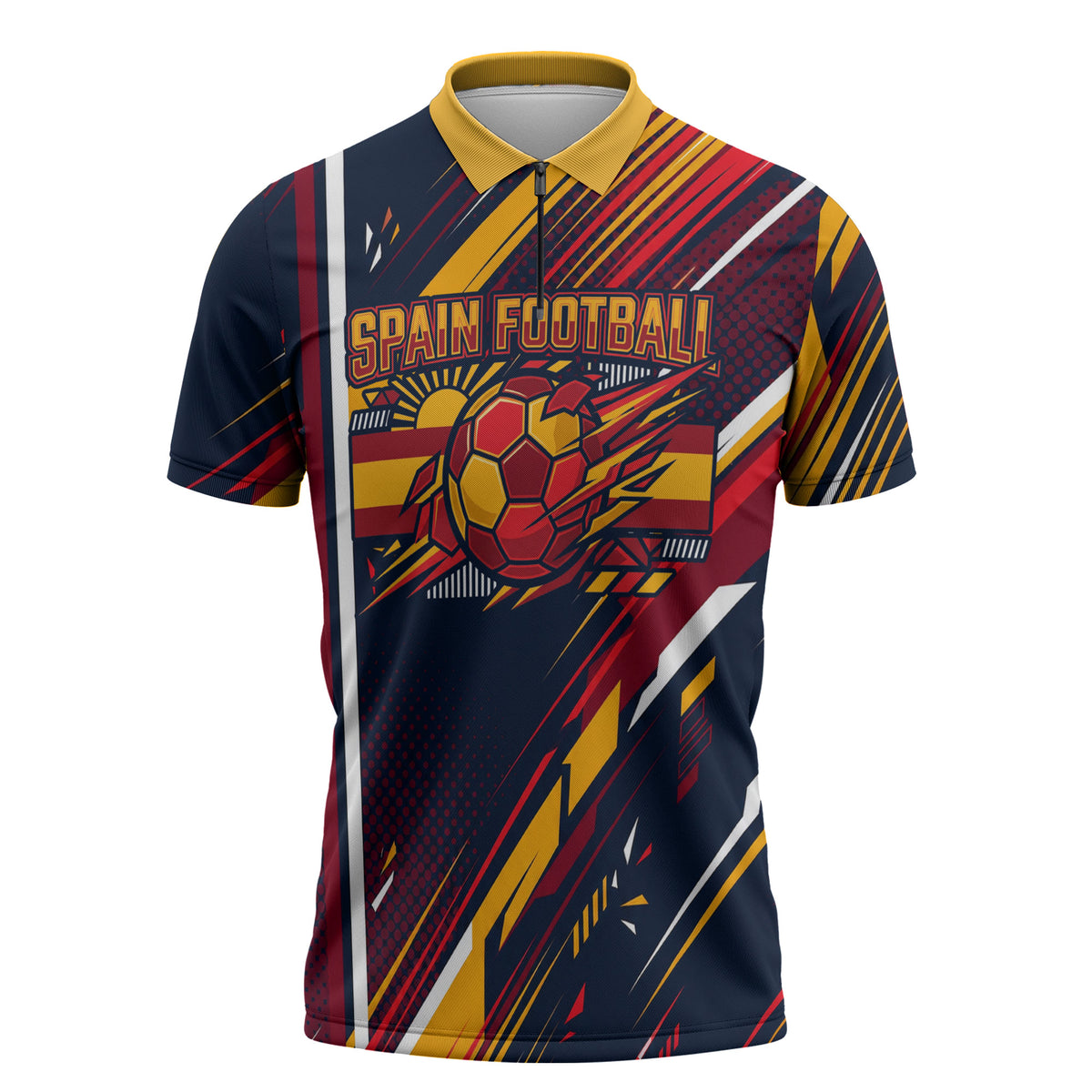 Spain Football Road To Championship Zipper Polo Shirt Bull Mascot Flying Soccer Ball - Dynamic Speed Stripes