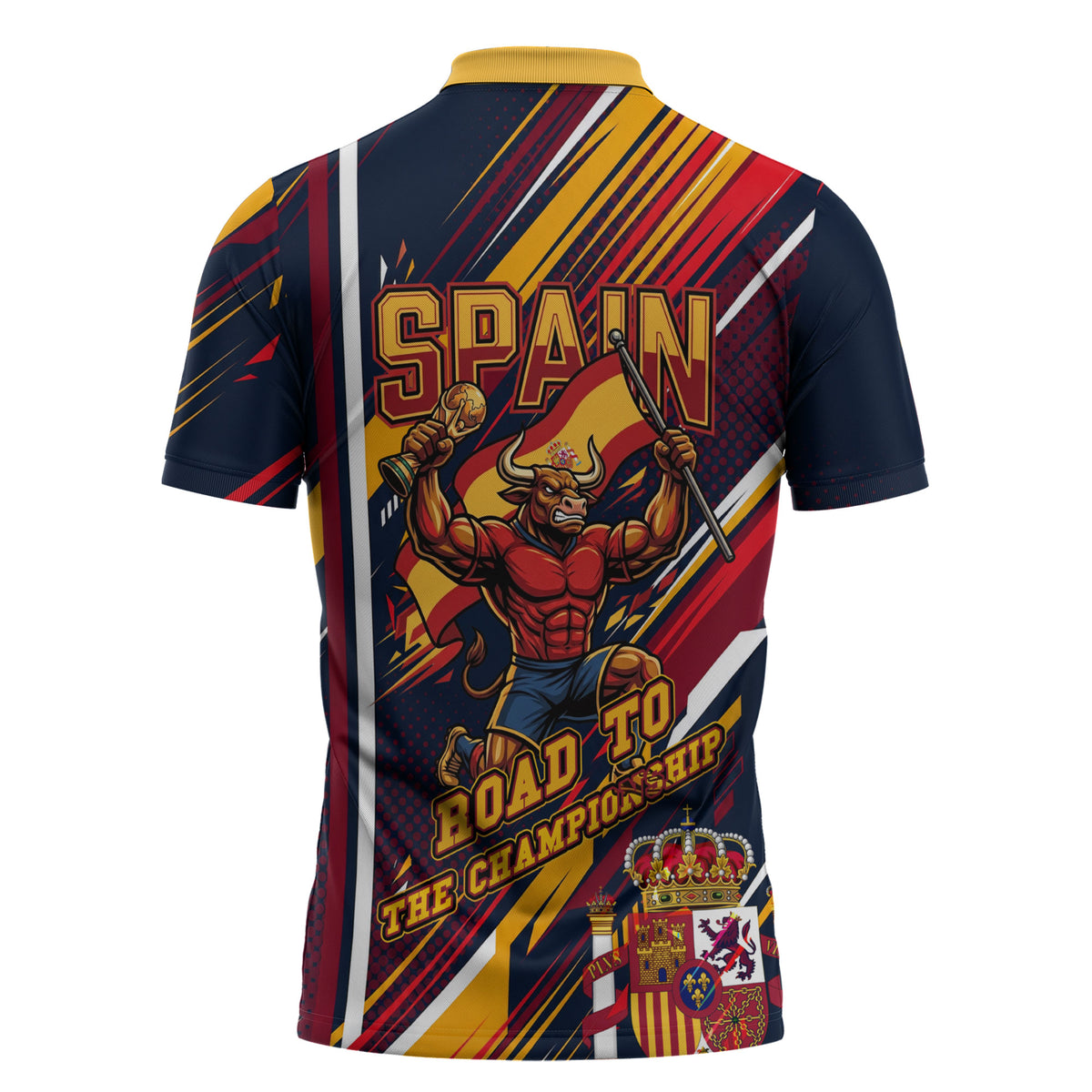 Spain Football Road To Championship Zipper Polo Shirt Bull Mascot Flying Soccer Ball - Dynamic Speed Stripes