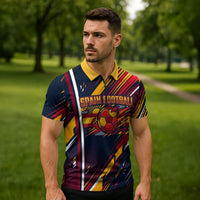 Spain Football Road To Championship Zipper Polo Shirt Bull Mascot Flying Soccer Ball - Dynamic Speed Stripes
