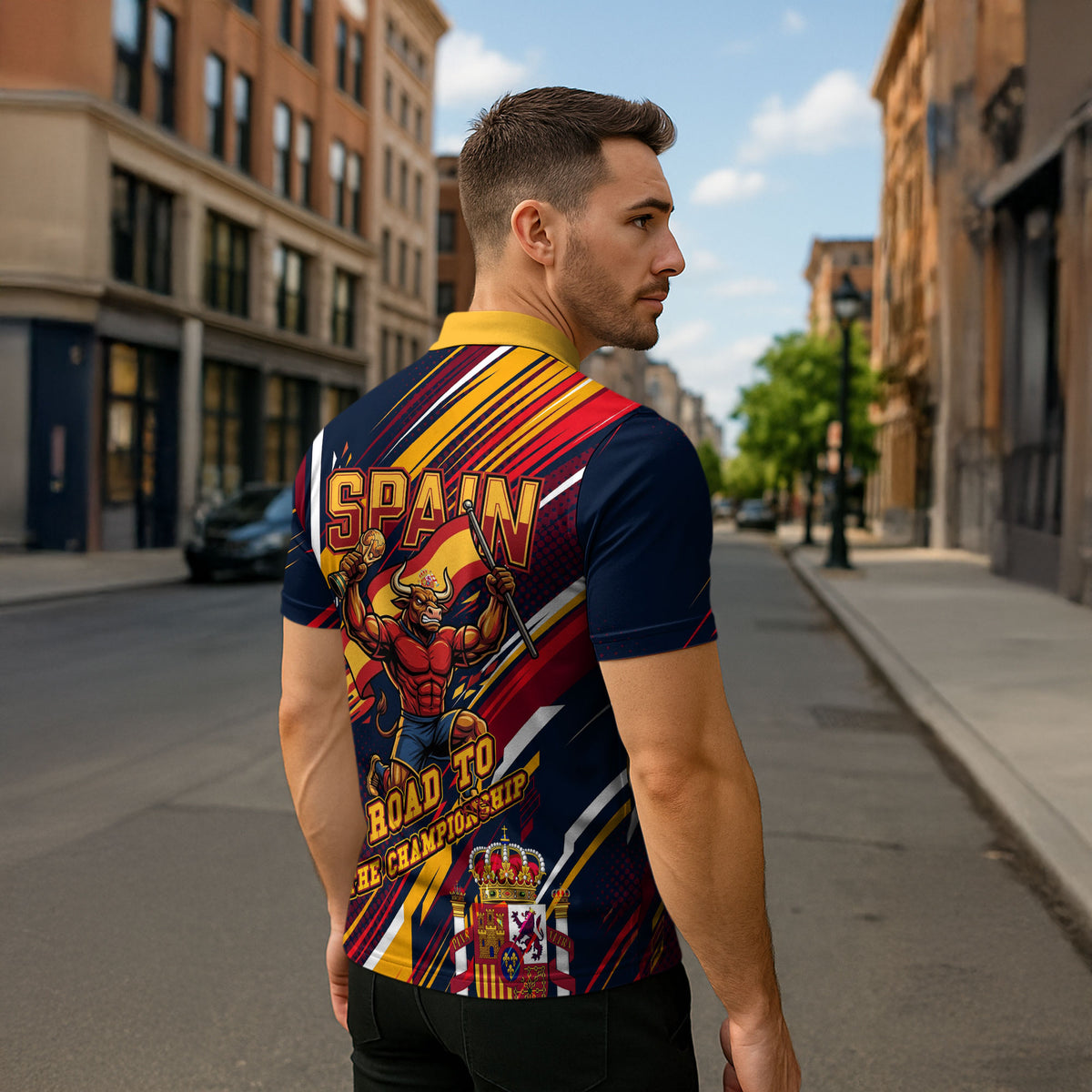 Spain Football Road To Championship Zipper Polo Shirt Bull Mascot Flying Soccer Ball - Dynamic Speed Stripes