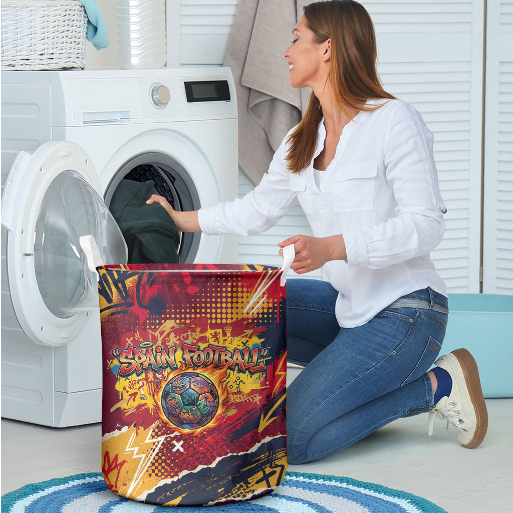 Spain Football Rule The Pitch Laundry Basket Urban Graffiti Soccer Player Flaming Ball