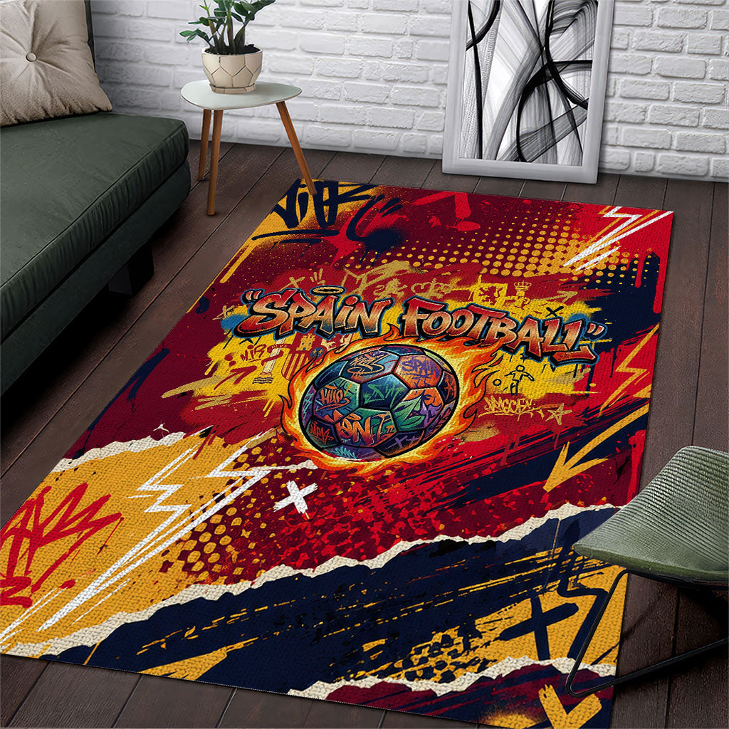 Spain Football Rule The Pitch Area Rug Urban Graffiti Soccer Player Flaming Ball