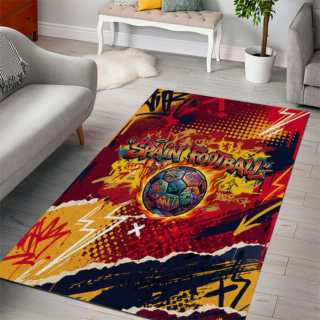 Spain Football Rule The Pitch Area Rug Urban Graffiti Soccer Player Flaming Ball