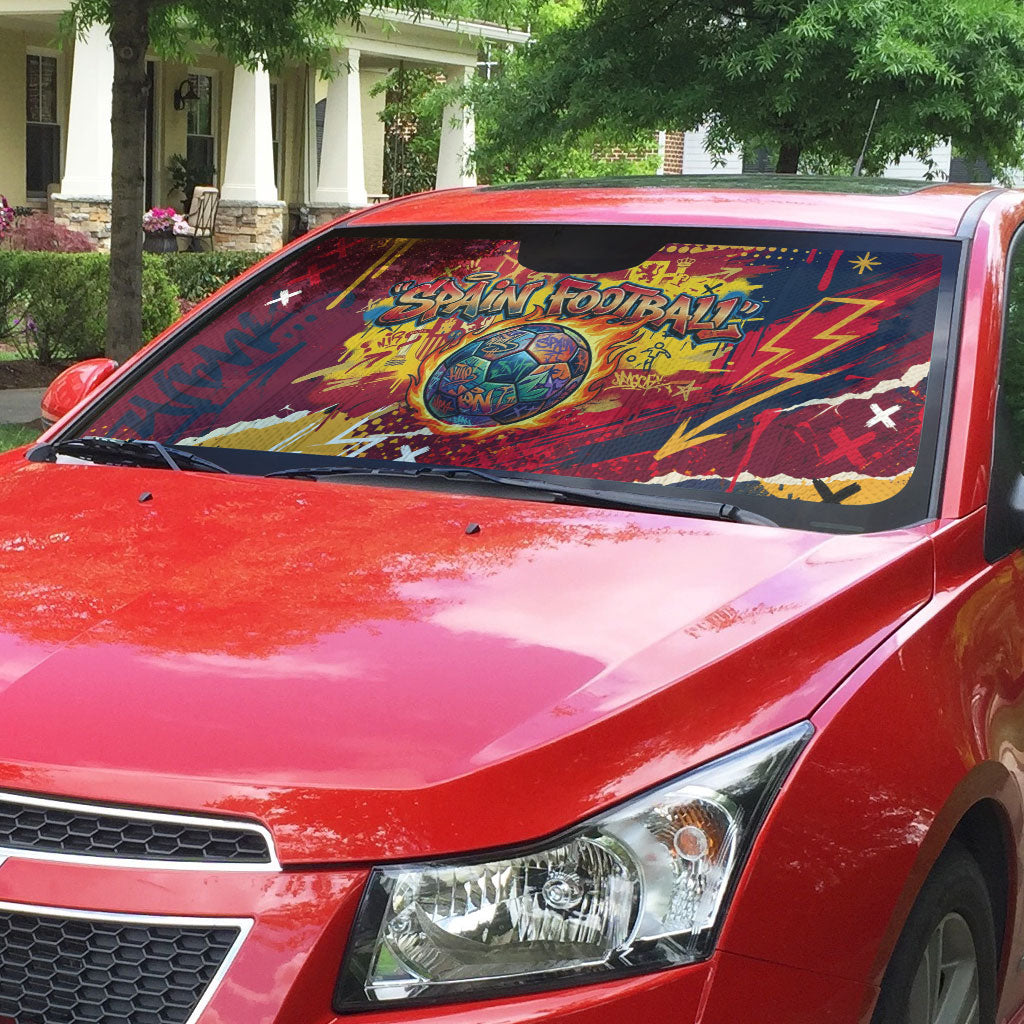Spain Football Rule The Pitch Auto Sun Shade Urban Graffiti Soccer Player Flaming Ball
