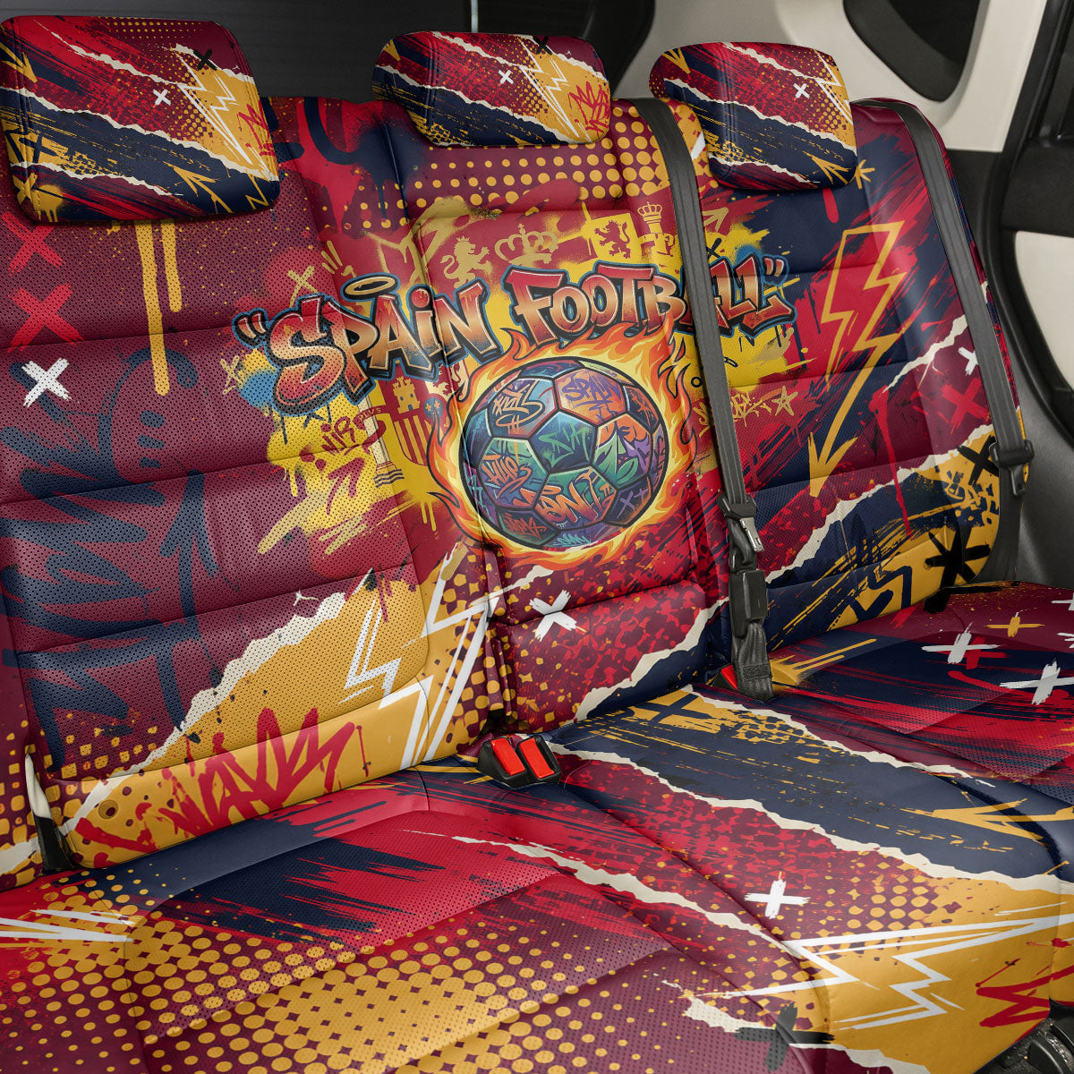 Spain Football Rule The Pitch Back Car Seat Cover Urban Graffiti Soccer Player Flaming Ball