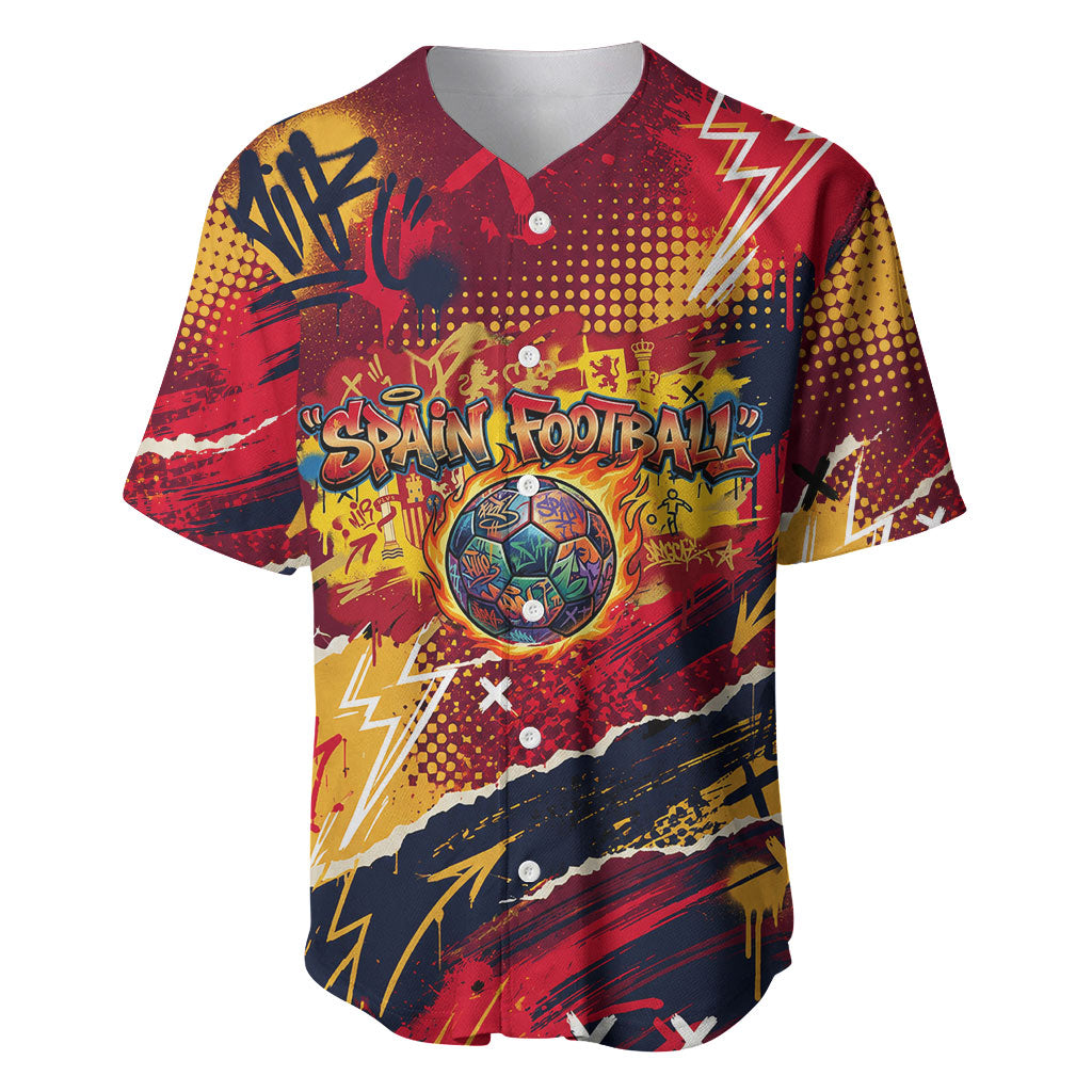 Spain Football Rule The Pitch Baseball Jersey Urban Graffiti Soccer Player Flaming Ball