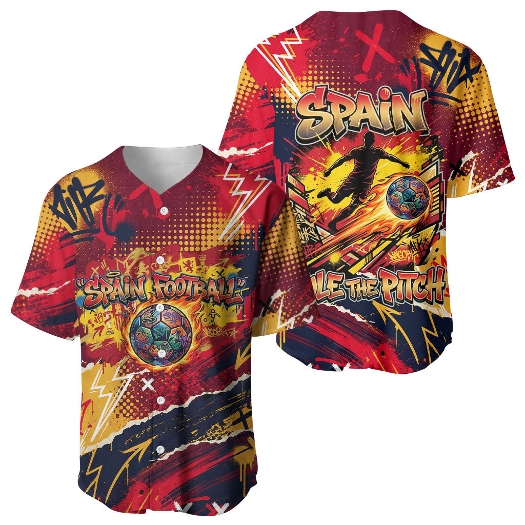 Spain Football Rule The Pitch Baseball Jersey Urban Graffiti Soccer Player Flaming Ball