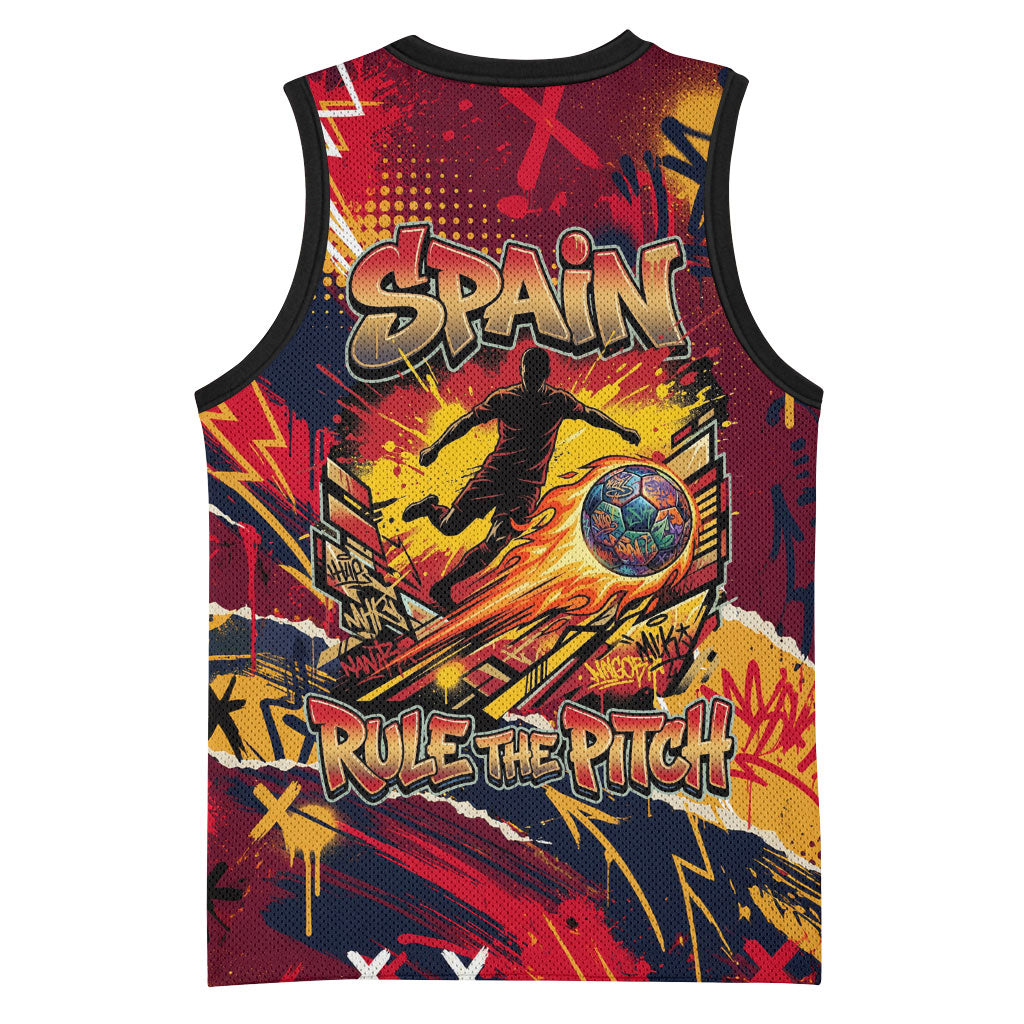 Spain Football Rule The Pitch Basketball Jersey Urban Graffiti Soccer Player Flaming Ball