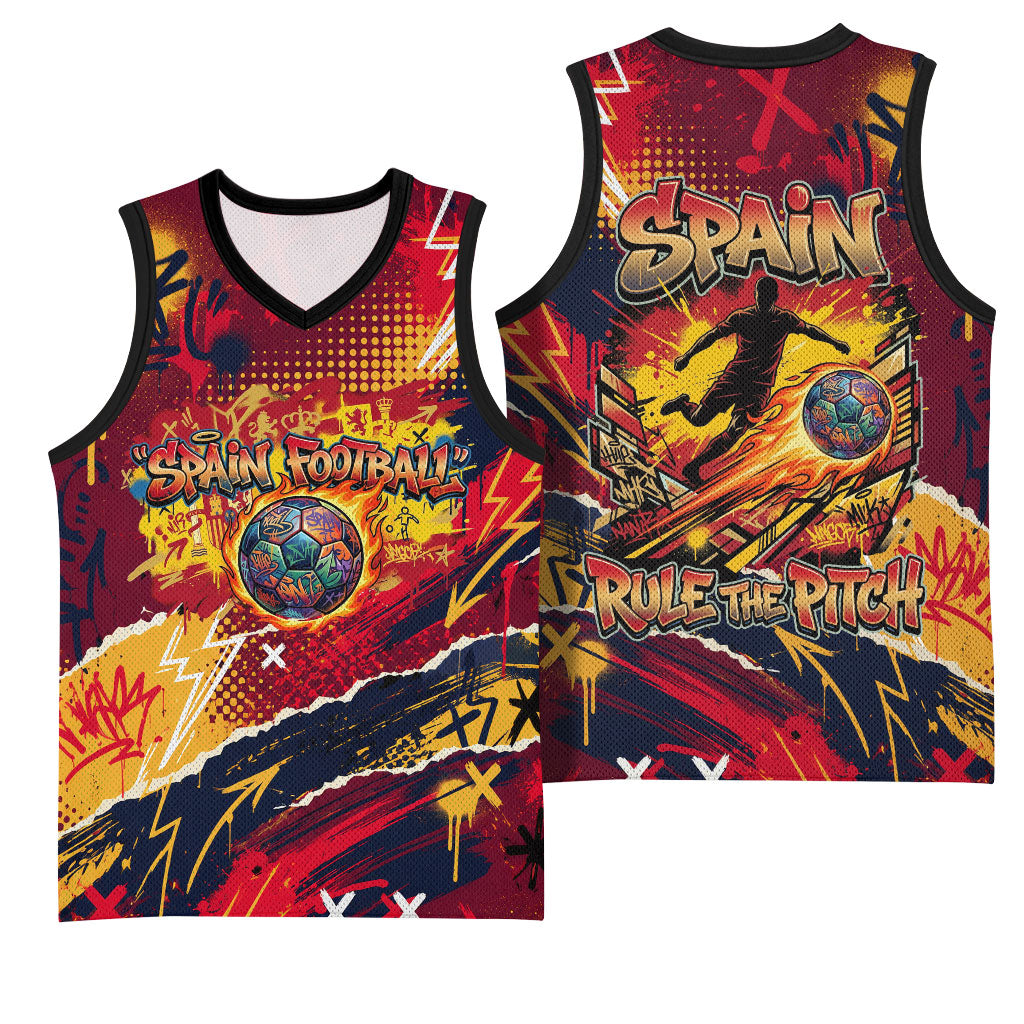 Spain Football Rule The Pitch Basketball Jersey Urban Graffiti Soccer Player Flaming Ball