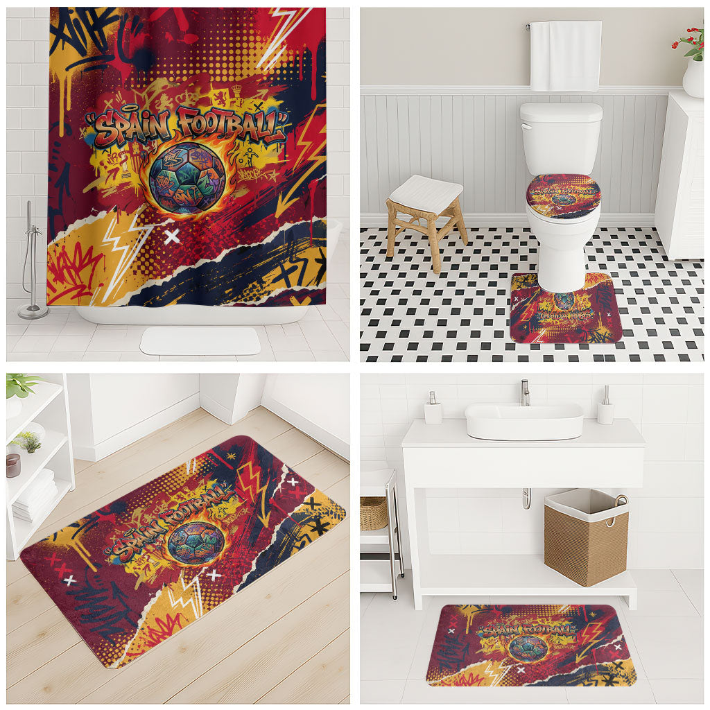 Spain Football Rule The Pitch Bathroom Set Urban Graffiti Soccer Player Flaming Ball