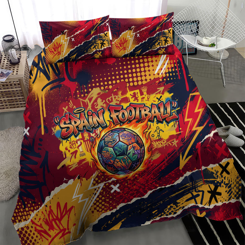 Spain Football Rule The Pitch Bedding Set Urban Graffiti Soccer Player Flaming Ball