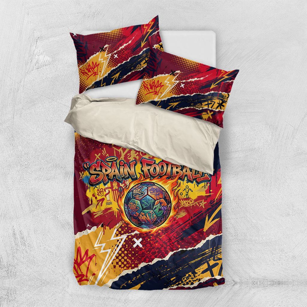 Spain Football Rule The Pitch Bedding Set Urban Graffiti Soccer Player Flaming Ball
