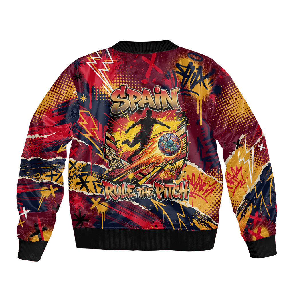 Spain Football Rule The Pitch Bomber Jacket Urban Graffiti Soccer Player Flaming Ball