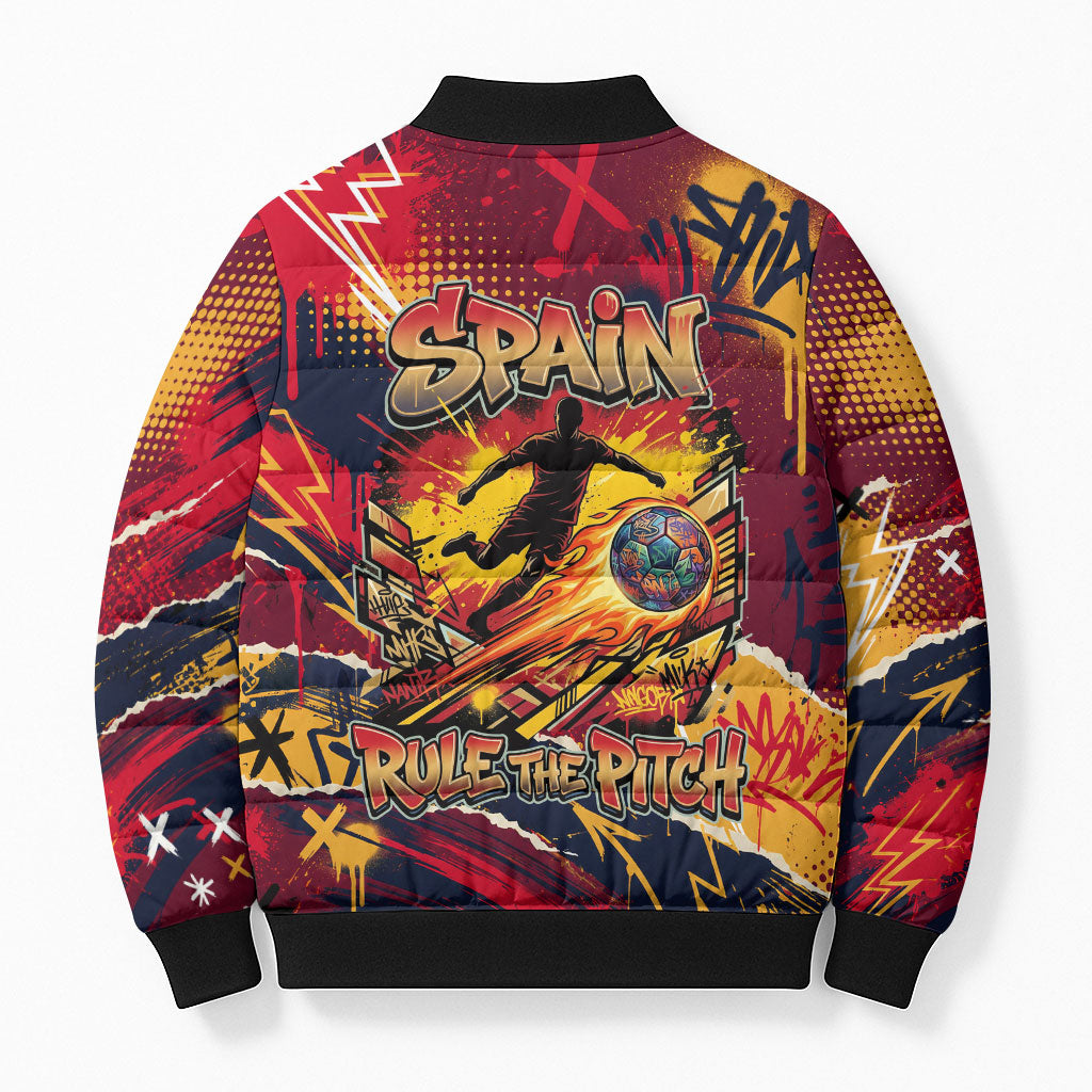 Spain Football Rule The Pitch Bomber Puffer Jacket Urban Graffiti Soccer Player Flaming Ball