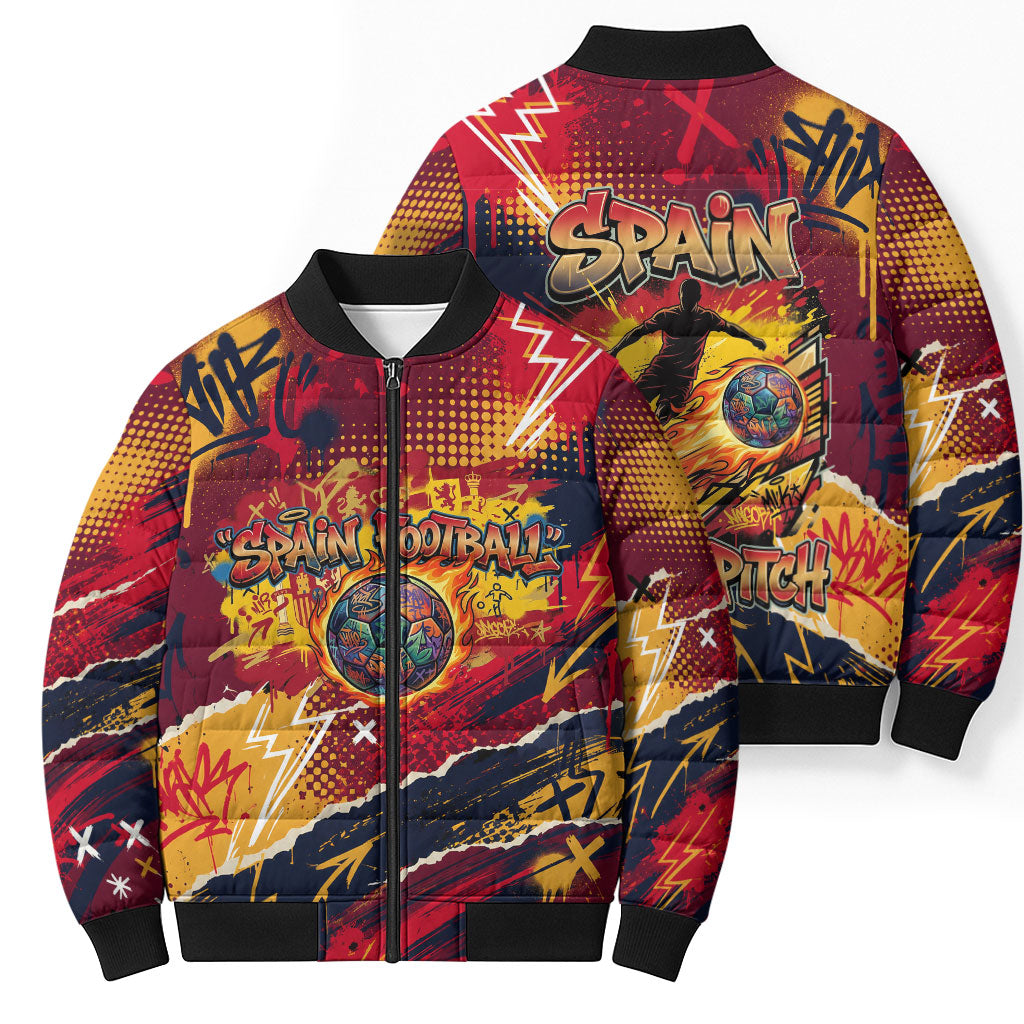 Spain Football Rule The Pitch Bomber Puffer Jacket Urban Graffiti Soccer Player Flaming Ball