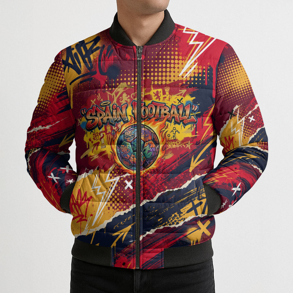 Spain Football Rule The Pitch Bomber Puffer Jacket Urban Graffiti Soccer Player Flaming Ball