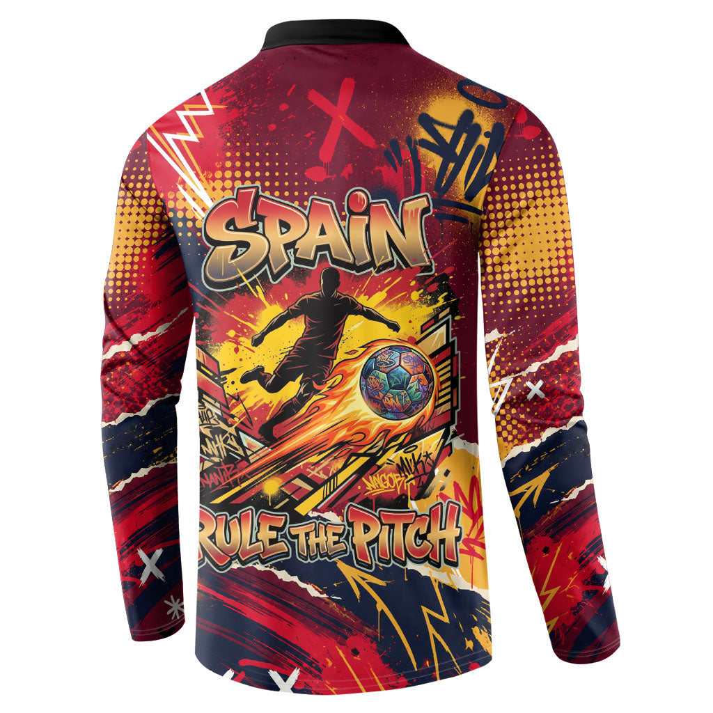 Spain Football Rule The Pitch Button Sweatshirt Urban Graffiti Soccer Player Flaming Ball