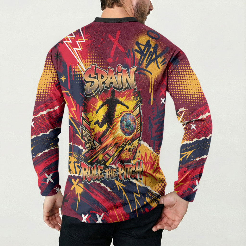 Spain Football Rule The Pitch Button Sweatshirt Urban Graffiti Soccer Player Flaming Ball