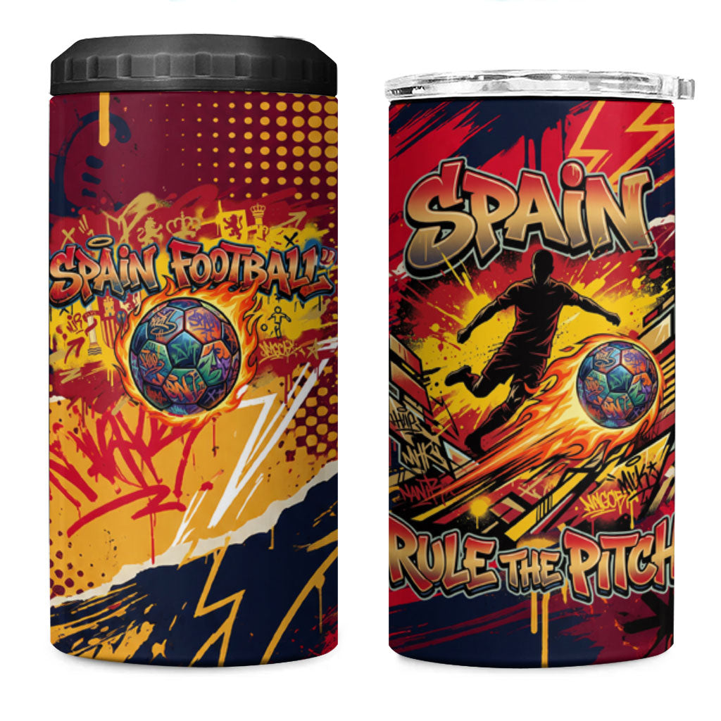 Spain Football Rule The Pitch 4 in 1 Can Cooler Tumbler Urban Graffiti Soccer Player Flaming Ball