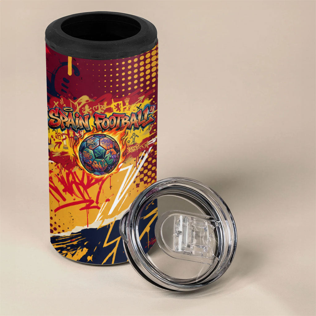 Spain Football Rule The Pitch 4 in 1 Can Cooler Tumbler Urban Graffiti Soccer Player Flaming Ball