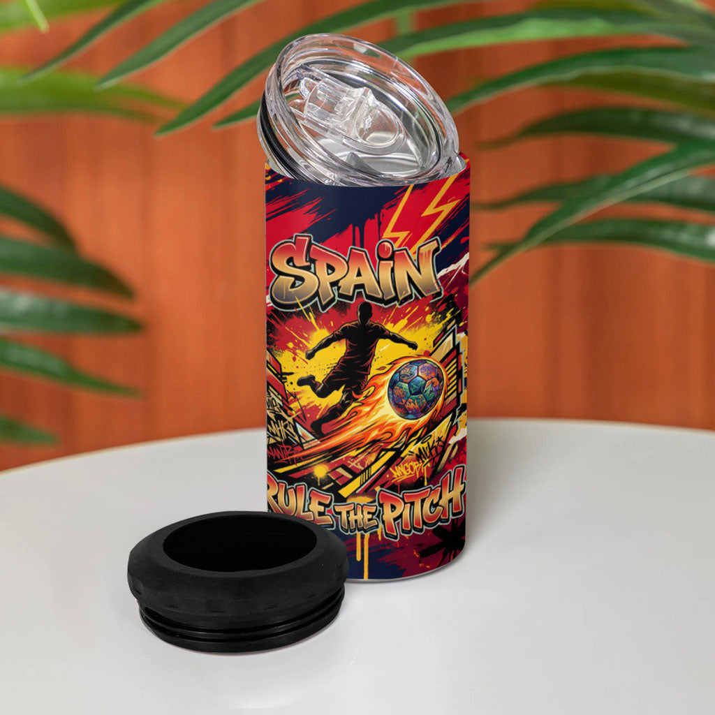 Spain Football Rule The Pitch 4 in 1 Can Cooler Tumbler Urban Graffiti Soccer Player Flaming Ball