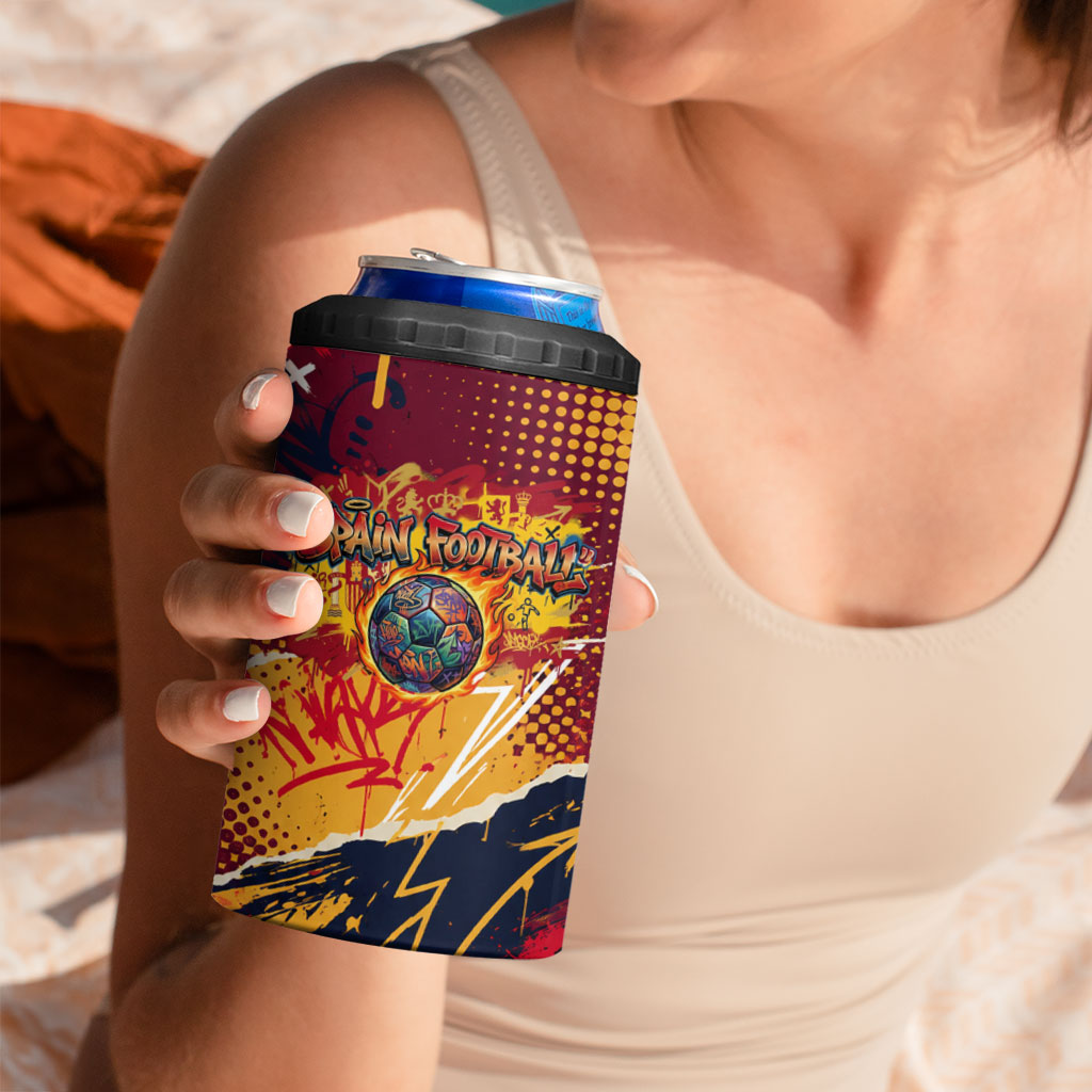 Spain Football Rule The Pitch 4 in 1 Can Cooler Tumbler Urban Graffiti Soccer Player Flaming Ball