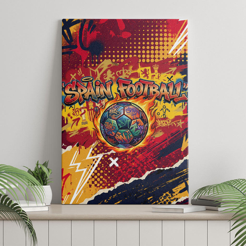 Spain Football Rule The Pitch Canvas Wall Art Urban Graffiti Soccer Player Flaming Ball