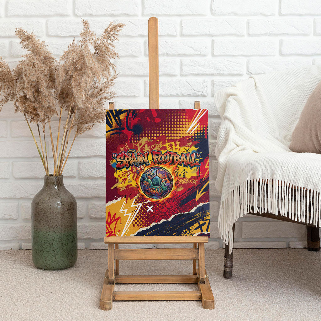 Spain Football Rule The Pitch Canvas Wall Art Urban Graffiti Soccer Player Flaming Ball