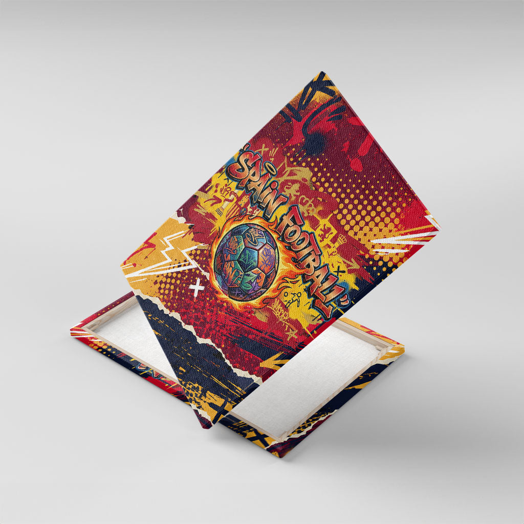Spain Football Rule The Pitch Canvas Wall Art Urban Graffiti Soccer Player Flaming Ball