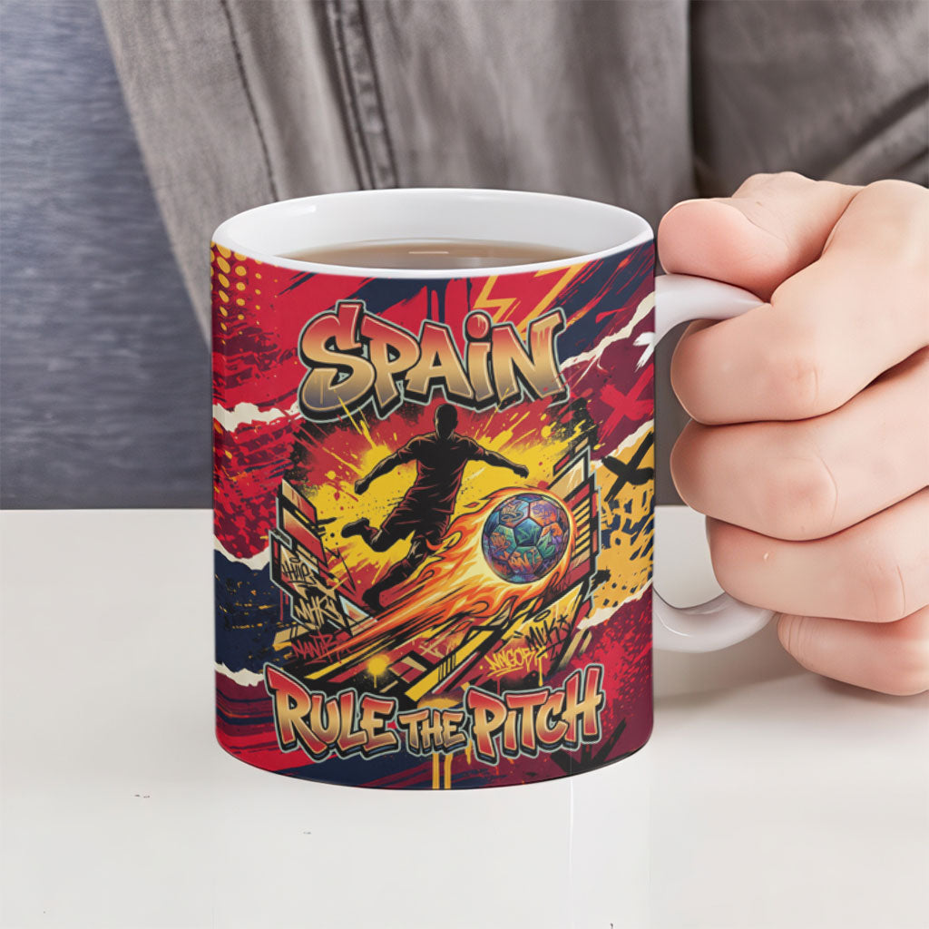 Spain Football Rule The Pitch Ceramic Mug Urban Graffiti Soccer Player Flaming Ball