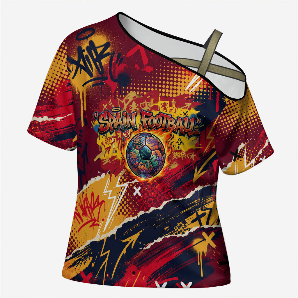 Spain Football Rule The Pitch Cross Shoulder Shirt Urban Graffiti Soccer Player Flaming Ball