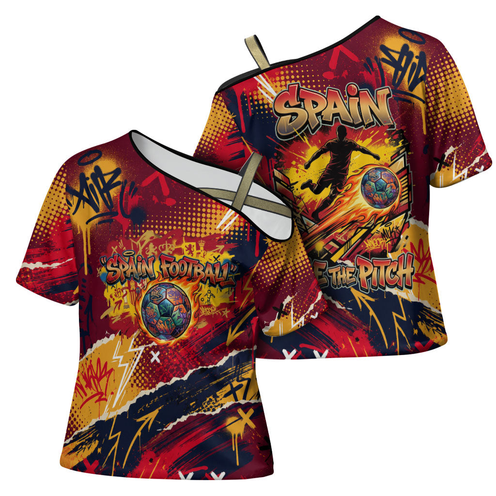 Spain Football Rule The Pitch Cross Shoulder Shirt Urban Graffiti Soccer Player Flaming Ball
