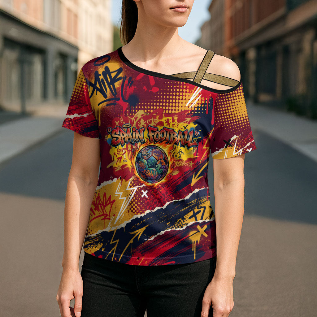 Spain Football Rule The Pitch Cross Shoulder Shirt Urban Graffiti Soccer Player Flaming Ball
