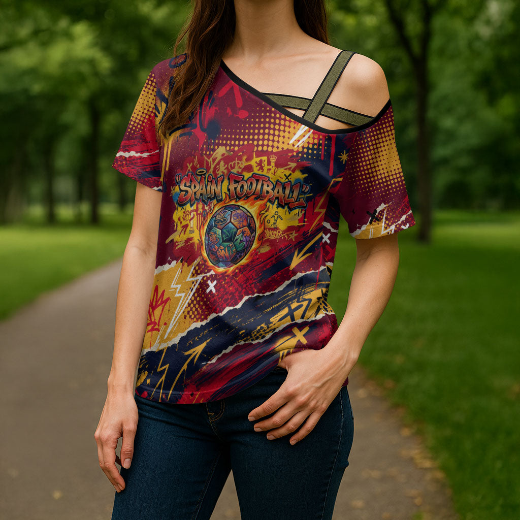 Spain Football Rule The Pitch Cross Shoulder Shirt Urban Graffiti Soccer Player Flaming Ball
