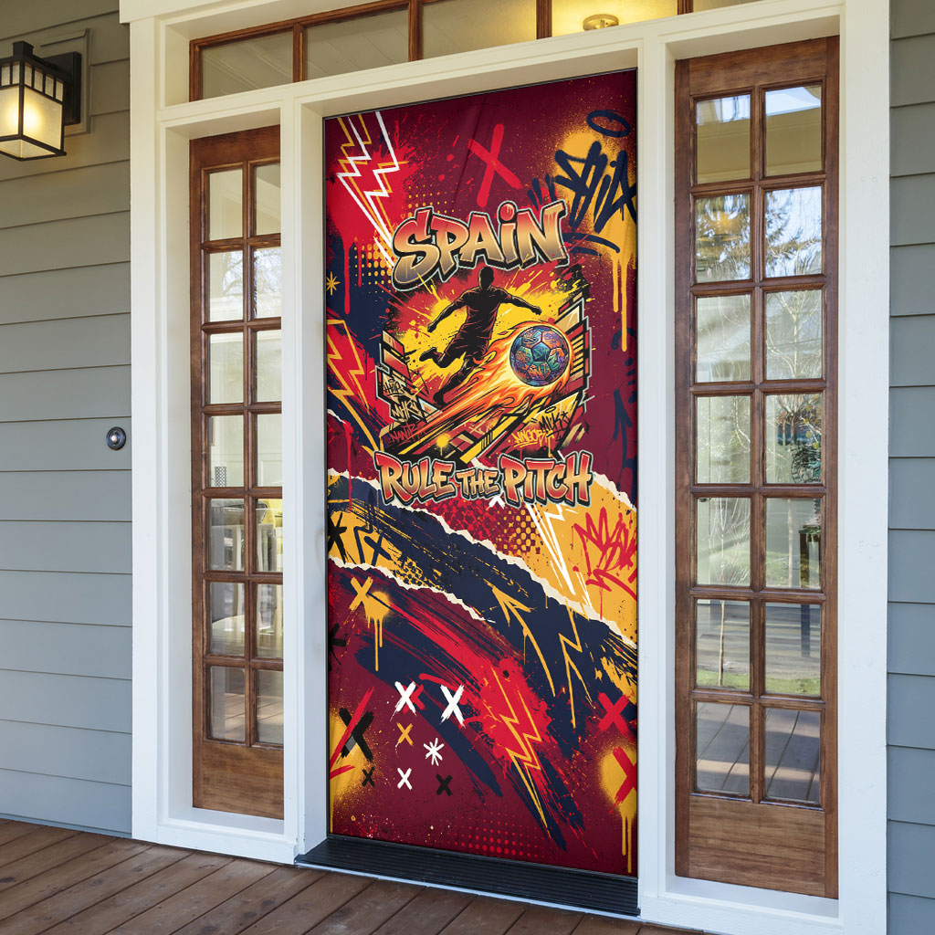 Spain Football Rule The Pitch Door Cover Urban Graffiti Soccer Player Flaming Ball