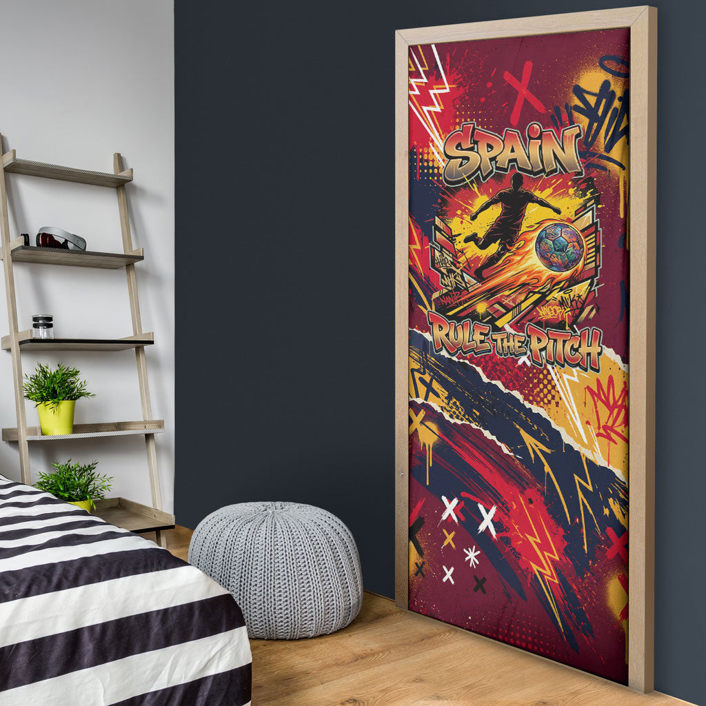 Spain Football Rule The Pitch Door Cover Urban Graffiti Soccer Player Flaming Ball
