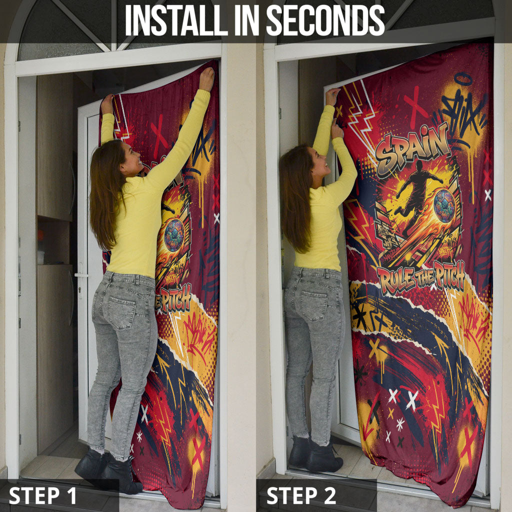 Spain Football Rule The Pitch Door Cover Urban Graffiti Soccer Player Flaming Ball