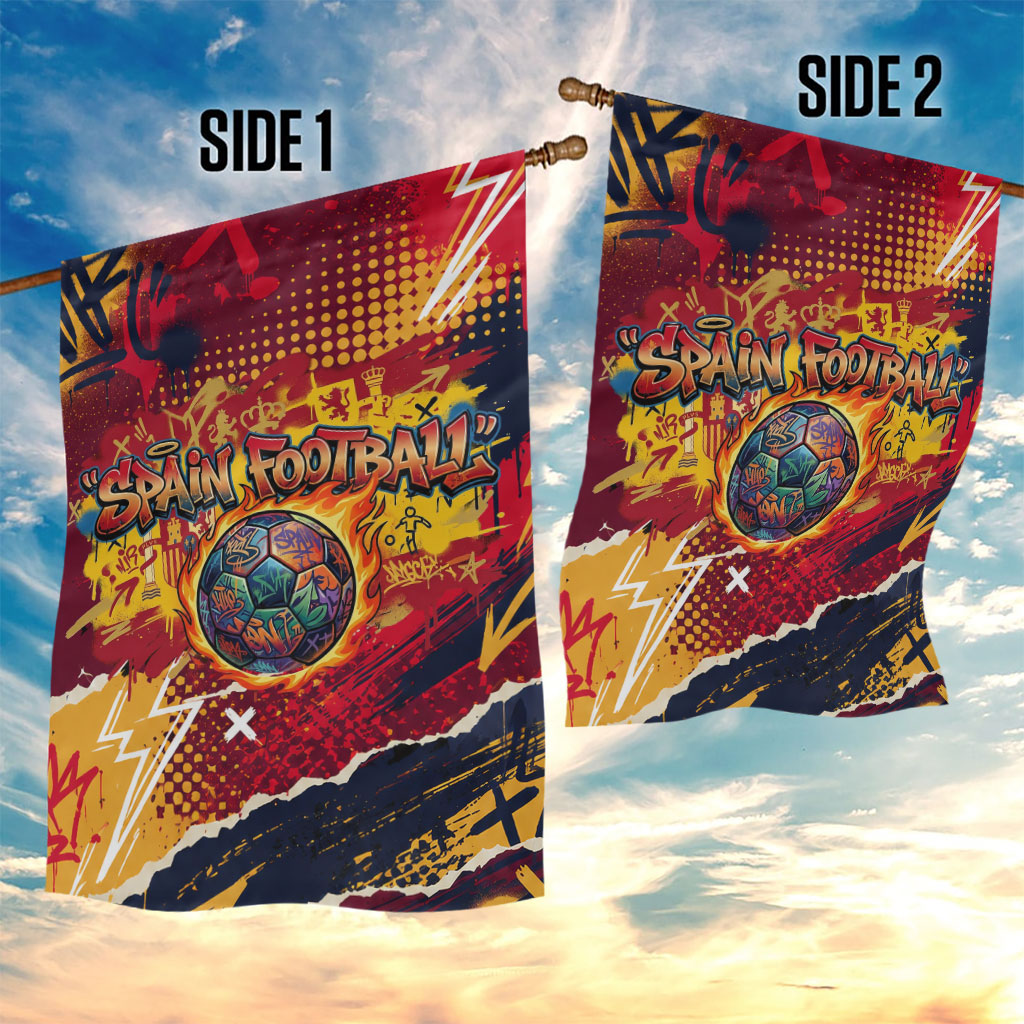 Spain Football Rule The Pitch Garden Flag Urban Graffiti Soccer Player Flaming Ball